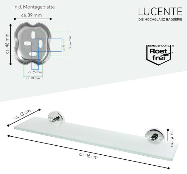 Glasablage Lucente inkl. Klebe Set Silber - Metall - 46 x 6 x 13 cm