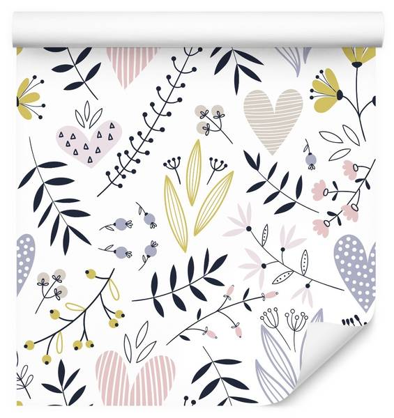 Papier Peint FEUILLES Fleurs Cœurs Noir - Mauve - Blanc - Polaire - 53 x 1000 x 1000 cm