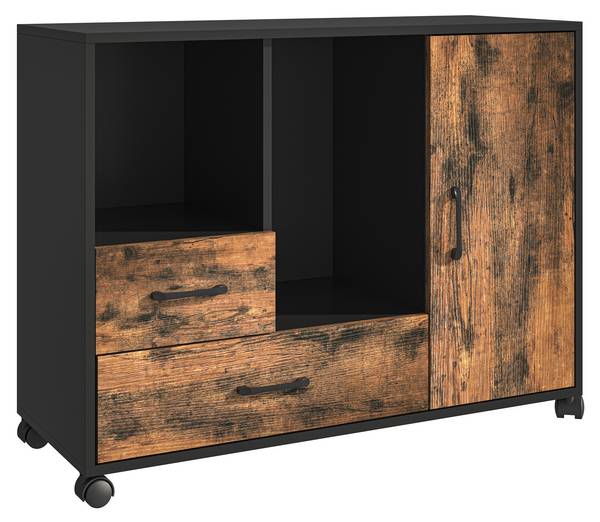 Rollcontainer 2 Schubladen & 4 Fächer Schwarz - Braun - Eisen - 90 x 70 x 35 cm