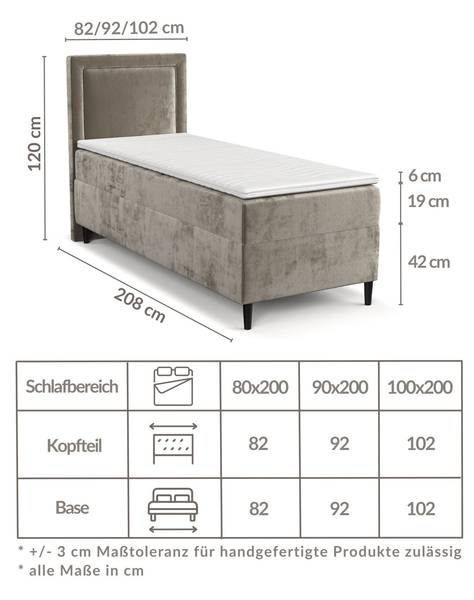 Boxspringbett Kallista Grau - H2 - Liegefläche Breite: 90 cm
