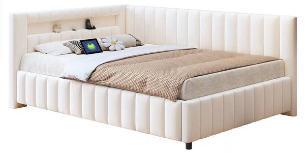Gestoffeerd Bed Metis Ⅲ beige - velours - grenenhout - staal - 148 x 82 x 200 cm