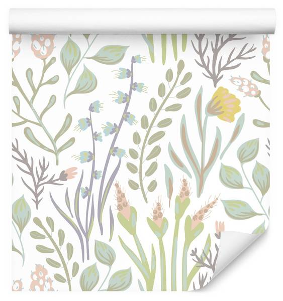 Tapete FELDBLUMEN Blätter Natur Pflanzen Beige - Blau - Braun - Grün - Fleece - 53 x 1000 x 1000 cm