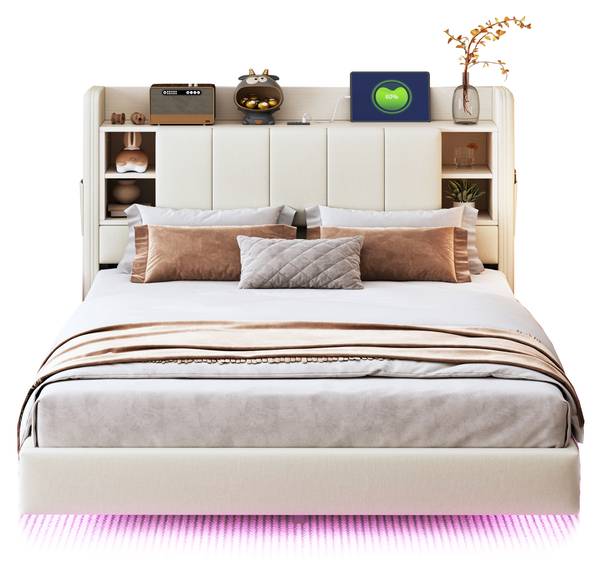 Lit Rembourré Eurynom Ⅳ Beige - Lin - 144 x 114 x 215 cm