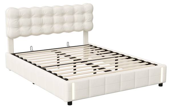 Polsterbett Hydraulischbett CC04 Beige - Metall - Massivholz - 141 x 103 x 205 cm
