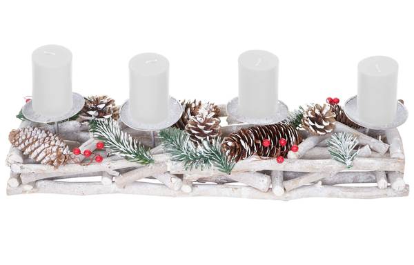 Adventskranz länglich Holz Kerzen weiß Weiß - Metall - Holz teilmassiv - 50 x 11 x 15 cm