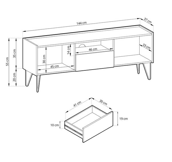 Meuble TV HARMONY RTV 144 Noir - Doré - ABS - Mélamine - 144 x 55 x 37 cm