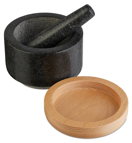 Mörser mit Stößel und Holzuntersetzer Schwarz - Braun - Grau - Granit - 14 x 10 x 14 cm