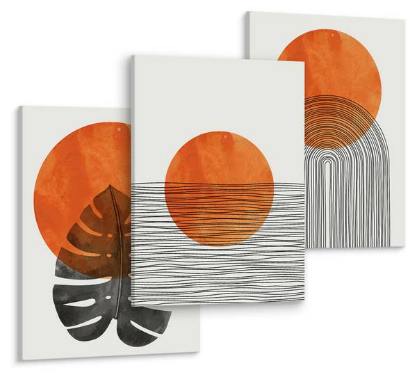 Leinwandbilder BLÄTTER Boho 3-er Set Beige - Schwarz - Orange - Leinen - 90 x 40 x 40 cm