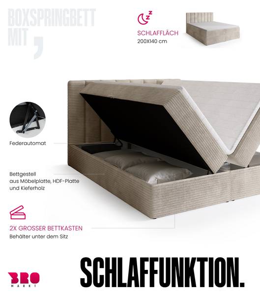Boxspringbett DENVER Creme - Breite: 140 cm - Liegefläche Breite: 140 cm