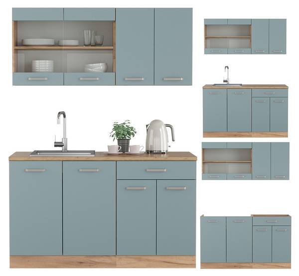 Singleküche R-Line 42950 Blau / Grau - Eiche Dekor