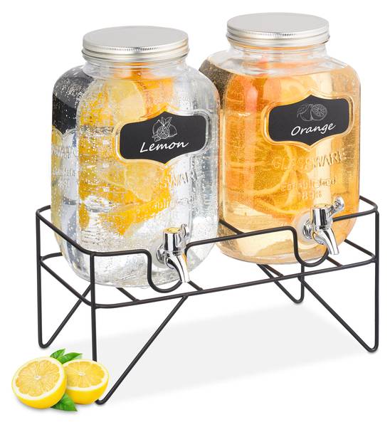 2er Set Getränkespender 4L mit Ständer Schwarz - Silber - Eisen - 33 x 35 x 22 cm