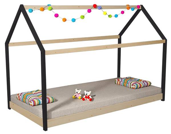 Hausbett PANDA mit Lattenrost Schwarz - Fichte - 97 x 134 x 195 cm