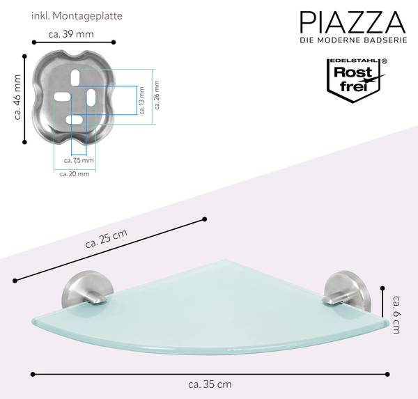 Glaseckablage Piazza inkl. Klebe Set Silber - Metall - 35 x 6 x 25 cm