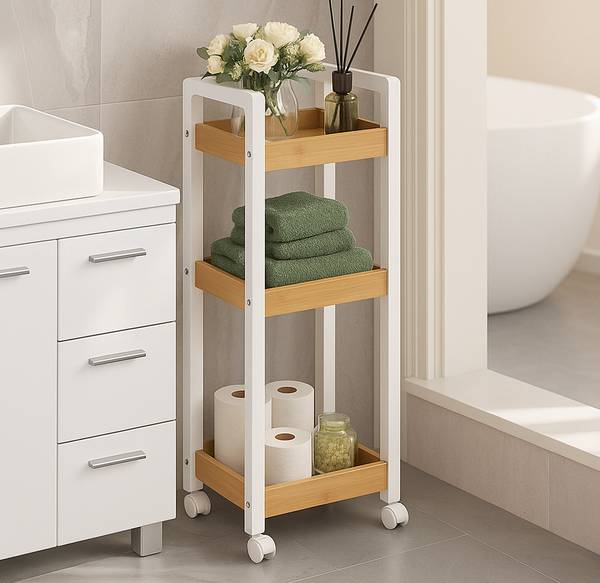 Chariot en bambou 3 étagères Marron - Blanc - Bambou - Bois manufacturé - 30 x 80 x 20 cm