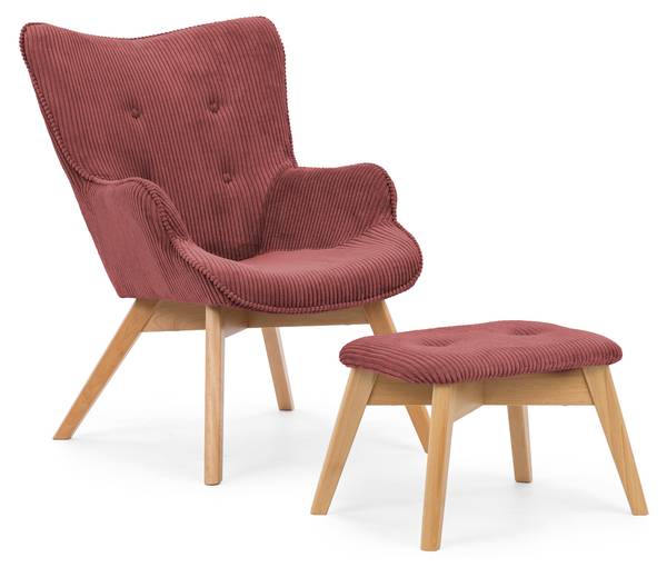 Loungefauteuil met hocker Lenari robijnrood - beukenhouten look