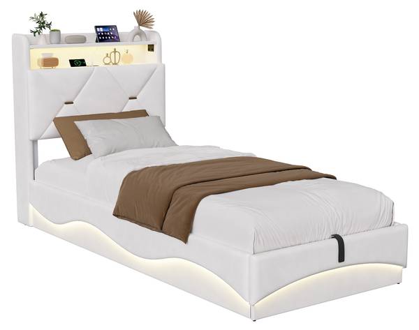 Polsterbett HUR01 Beige - Metall - Massivholz - 91 x 108 x 214 cm