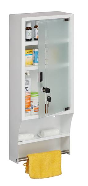 Abschließbarer Medizinschrank Glastür Silber - Weiß - Stahl - 27 x 65 x 12 cm