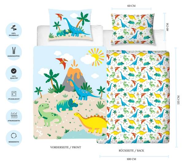 Babybettwäsche Dino 2-tlg. Türkis - Weiß - Gelb - Textil - 100 x 135 x 1 cm