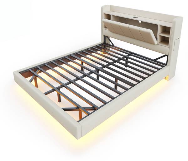 Lit Rembourré Eurynom Ⅳ Beige - Lin - 144 x 114 x 215 cm
