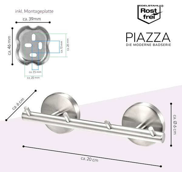 Hakenleiste Piazza 90406 Silber - Metall - 20 x 6 x 6 cm