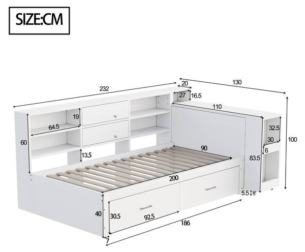 Kinderbed Hebe Ⅱ wit - plaatmateriaal op houtbasis - massief hout - 130 x 100 x 232 cm