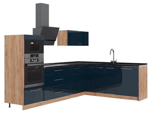 Hoekkeuken Fame-Line 65711 blauw - bruin - staal - 287 x 154 x 60 cm