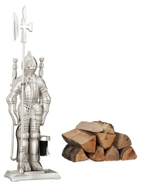 Ensemble serviteur de cheminée 4 pièces Noir - Argenté - Fonte - 21 x 72 x 13 cm