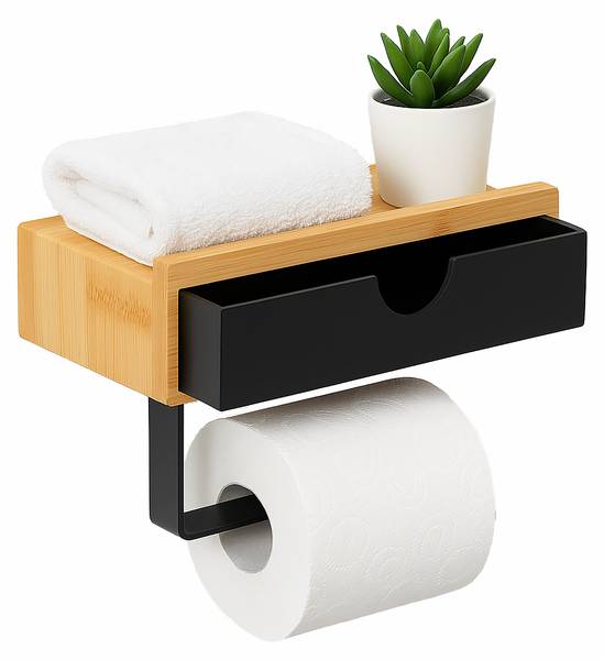 Bambus Toilettenpapierhalter mit Ablage Schwarz - Braun - Eisen - 19 x 13 x 11 cm