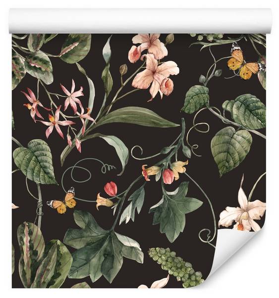 Tapete Aquarell BLÄTTER Blumen Natur Beige - Schwarz - Grün - Rot - Fleece - 53 x 1000 x 1000 cm