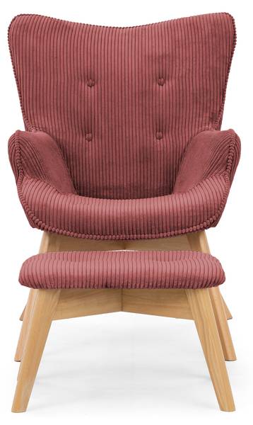 Loungefauteuil met hocker Lenari robijnrood - beukenhouten look
