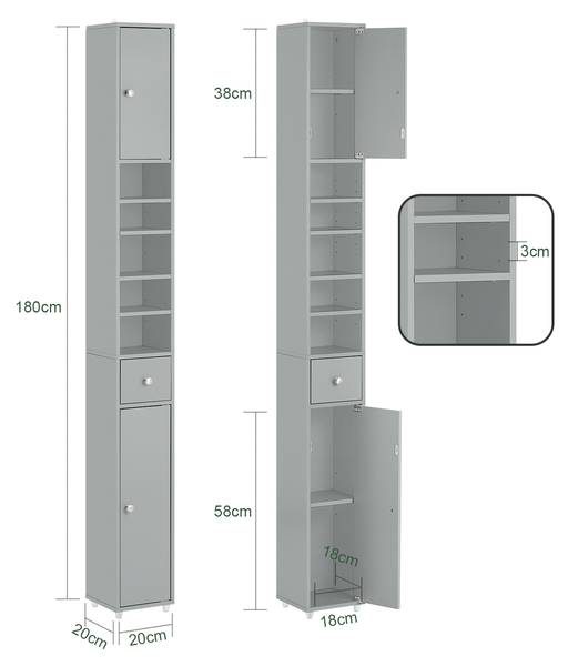 Badezimmer Hochschrank schmal BZR34-HG Hellgrau - Höhe: 180 cm