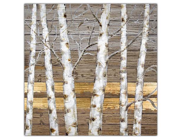 Tableau peint à la main Bouleaux Beige - Doré - Coton - 80 x 80 x 4 cm