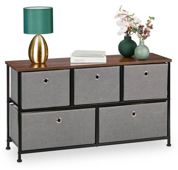 Commode à 5 tiroirs style industriel Noir - Marron - Gris - Polyester - Acier - 100 x 55 x 30 cm