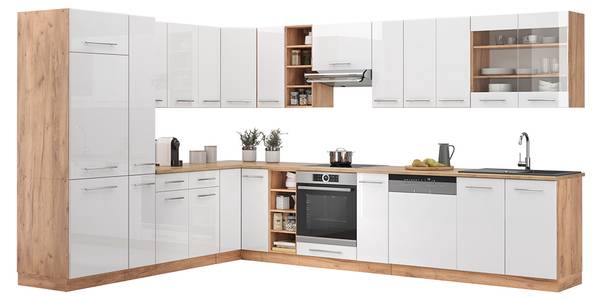Eckküche Fame-Line 47333 19er Set Hochglanz Weiß - Eiche Dekor