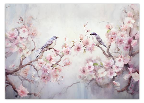 Fototapete Shabby Chic Vögel und Blumen 300 x 210 cm