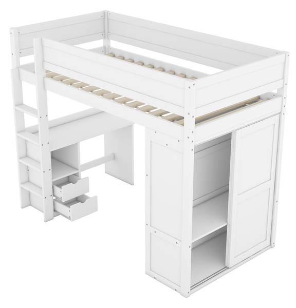 Hochbett mit Schreibtisch-O28109 Weiß - Massivholz - 165 x 165 x 205 cm