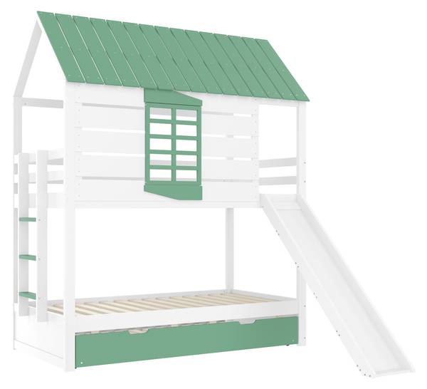 Lit superposé maison Uranus Ⅱ Vert - Blanc - Pin - 237 x 229 x 206 cm