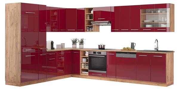 Eckküche Fame-Line 47340 19er Set Hochglanz Bordeaux - Eiche Dekor