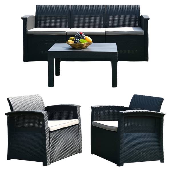 4-teiliges Gartenmöbel Set Rattan Schwarz - Grau - Polyester - 60 x 75 x 174 cm
