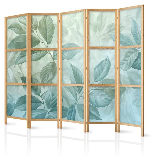 Paravent Natur Blätter 5-tlg Blau - Grau - Grün - Weiß - Holzwerkstoff - Textil - 225 x 172 x 3 cm