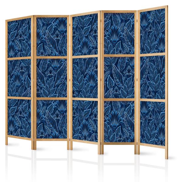 Paravent Botanik Blätter 5-tlg Schwarz - Blau - Holzwerkstoff - Textil - 225 x 172 x 3 cm