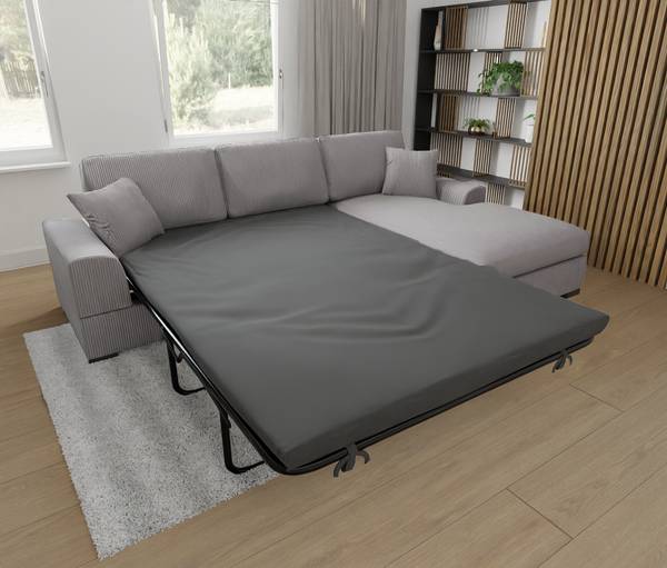 Eira Cord Ecksofa mit Schlaffunktion Hellgrau - Ecke davorstehend rechts