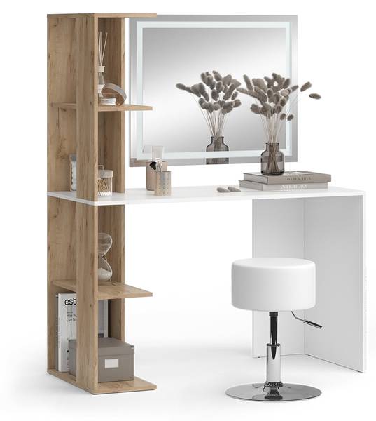Kaptafel set met kruk Tower 49449 bruin - wit - plaatmateriaal op houtbasis - 123 x 76 x 56 cm