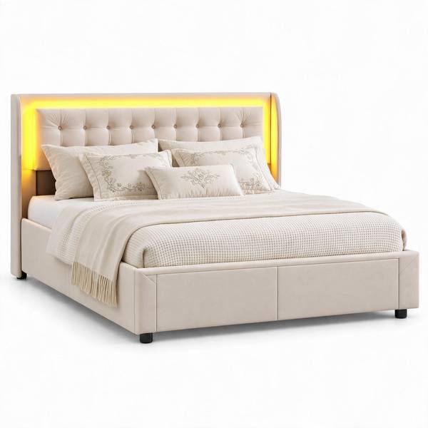 Boxspringbett MI-R02 mit Stauraum Beige - Metall - Massivholz - 165 x 100 x 203 cm