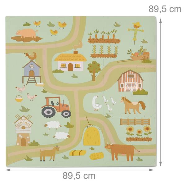 Puzzelmat baby boerderij afwasbaar beige - blauw - groen - kunststof - 90 x 1 x 90 cm