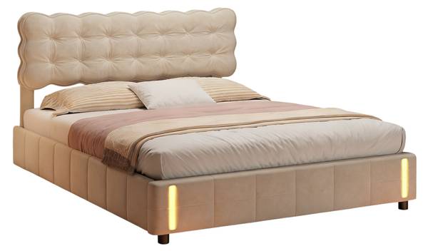 Polsterbett Hydraulischbett CC04 Beige - Metall - Massivholz - 141 x 103 x 205 cm