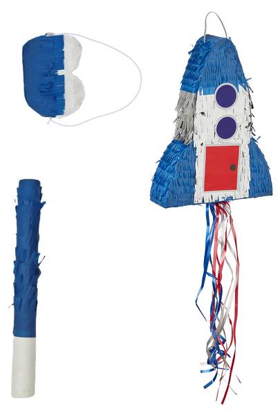 Pinata Set Rakete mit Stab und Maske Blau - Rot - Silber - Papier - Kunststoff - 30 x 40 x 9 cm