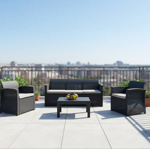 4-teiliges Gartenmöbel Set Rattan Schwarz - Grau - Polyester - 60 x 75 x 174 cm