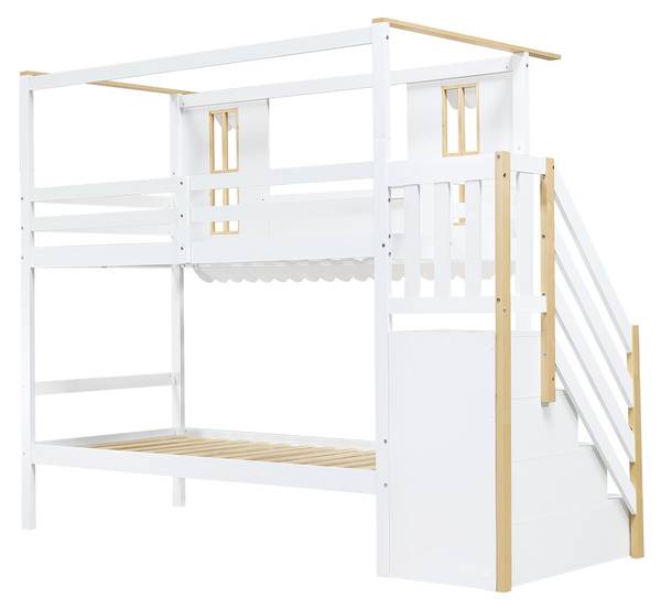 Lit superposé maison Uranus Ⅰ Marron - Blanc - Bois manufacturé - Bois massif - 97 x 202 x 253 cm