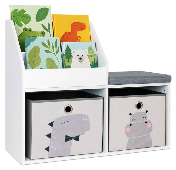Kinderbank mit Bücherregal Grau - Weiß - Polyester - 79 x 72 x 31 cm
